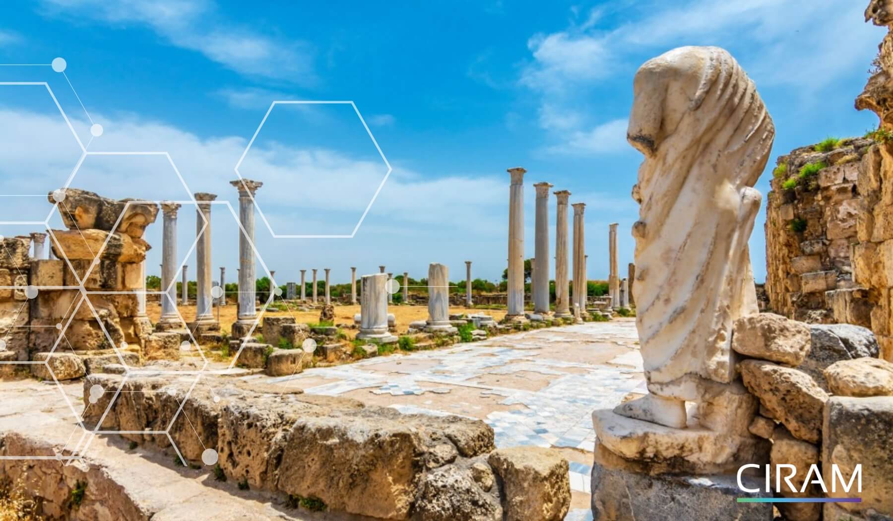 Stone sculptures from Salamis, Cyprus, showing ancient carved figures with weathered limestone surfaces