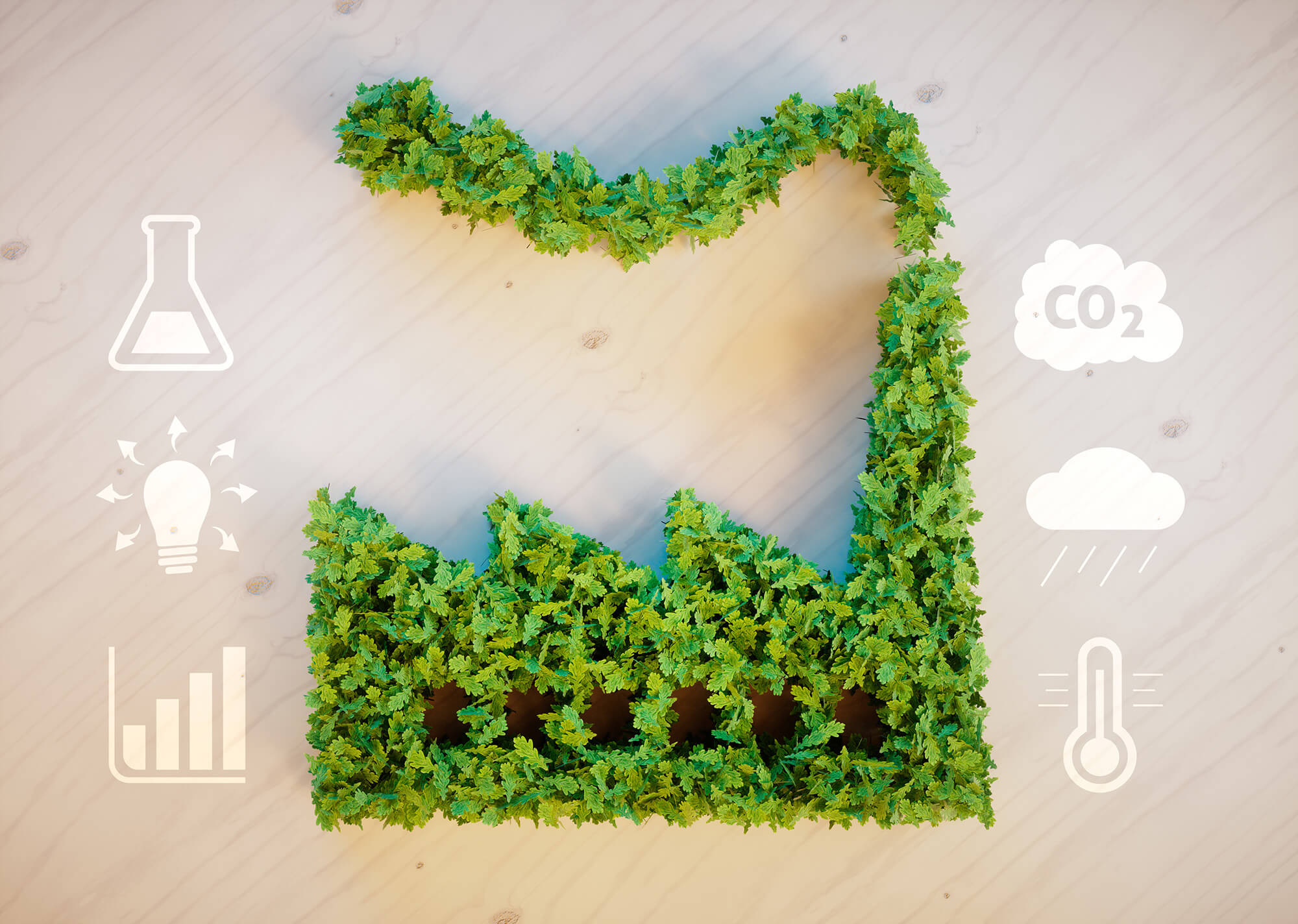 Eco-friendly factory made of plants symbolizing biogenic carbon measurement in industrial emissions according to NF EN ISO 13833